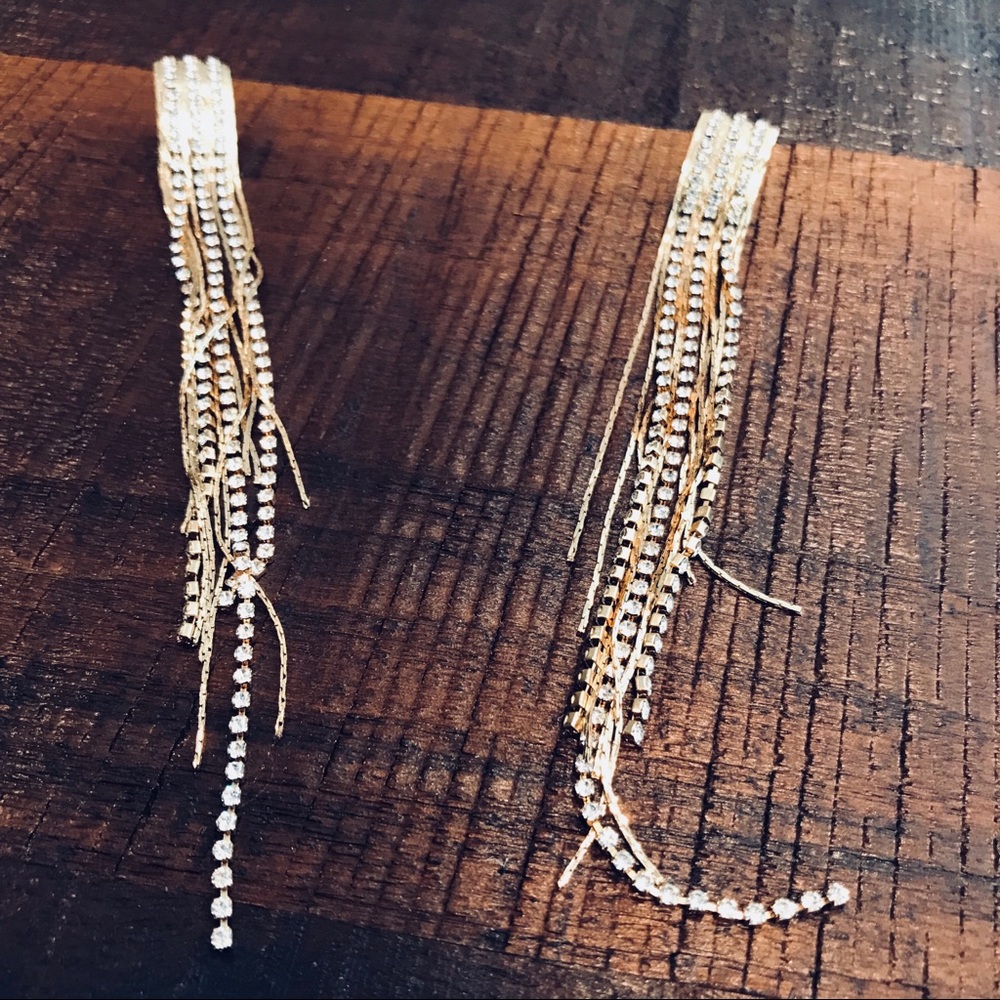 Bebe Gold and White Stone Long Dangle Earrings